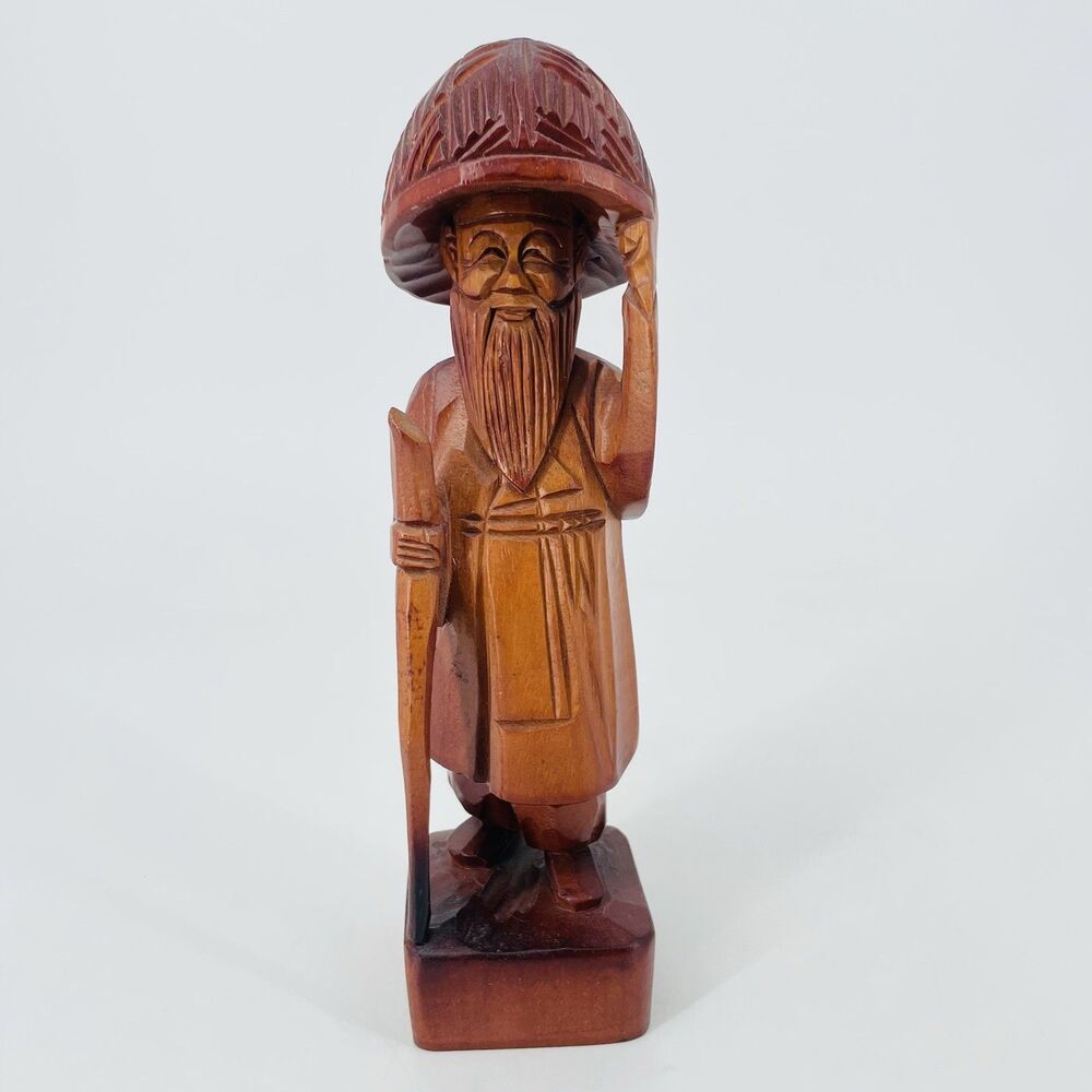 Vintage Hand Carved Wood Asian Wise Man Statue Figurine Long Beard Hat Cane 12"